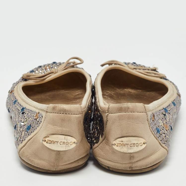 Pre Owned Jimmy Choo Beige Leather Crystal Embellished Weber Ballet Flats Size 37