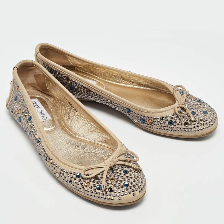 Pre Owned Jimmy Choo Beige Leather Crystal Embellished Weber Ballet Flats Size 37