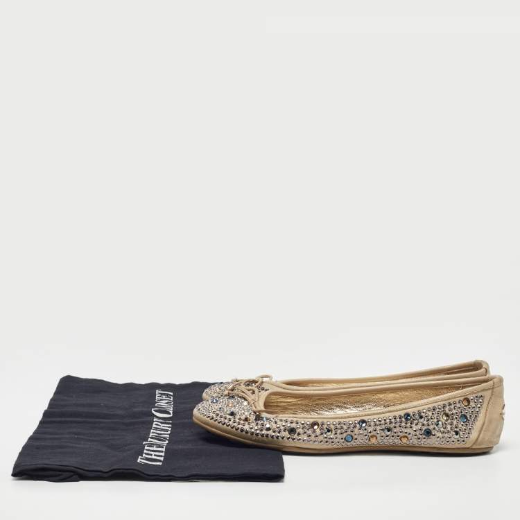 Pre Owned Jimmy Choo Beige Leather Crystal Embellished Weber Ballet Flats Size 37