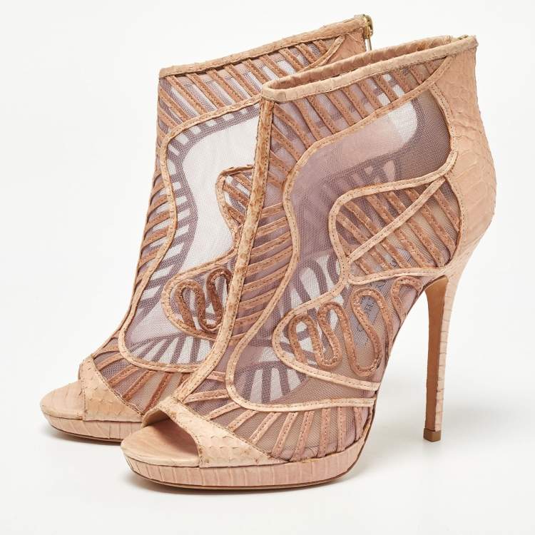 Pre Owned Jimmy Choo Beige Python and Mesh Open Toe Platform Ankle Booties Size 39
