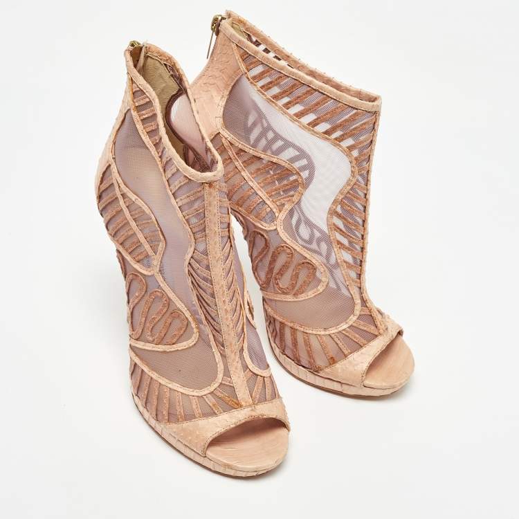 Pre Owned Jimmy Choo Beige Python and Mesh Open Toe Platform Ankle Booties Size 39