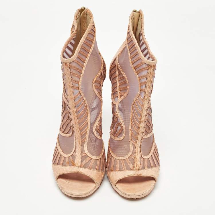 Pre Owned Jimmy Choo Beige Python and Mesh Open Toe Platform Ankle Booties Size 39