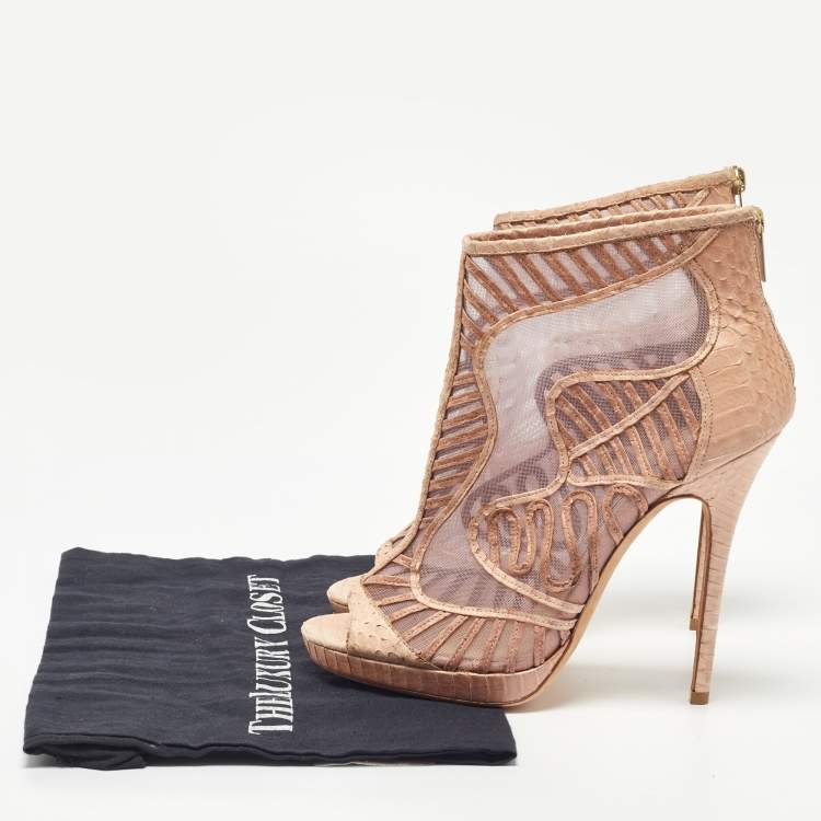 Pre Owned Jimmy Choo Beige Python and Mesh Open Toe Platform Ankle Booties Size 39