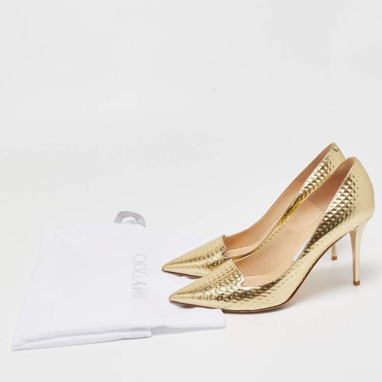 Pre Owned Jimmy Choo Gold Textured Leather Pointed Toe Pumps Size 37