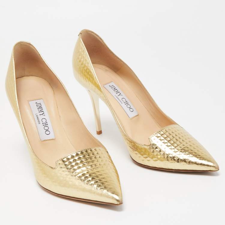 Pre Owned Jimmy Choo Gold Textured Leather Pointed Toe Pumps Size 37