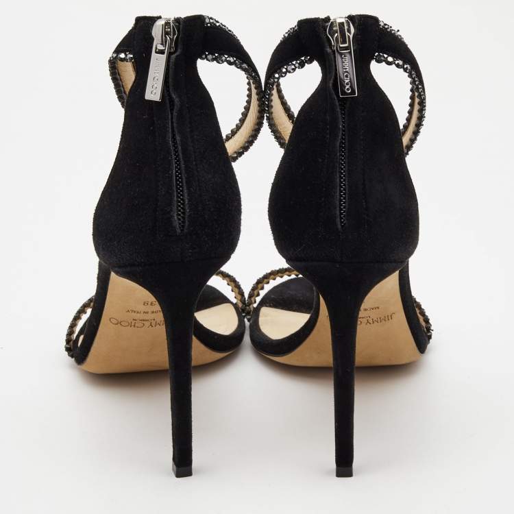 Pre Owned Jimmy Choo Black Suede Crystal Embellished Ankle Strap Sandals Size 39