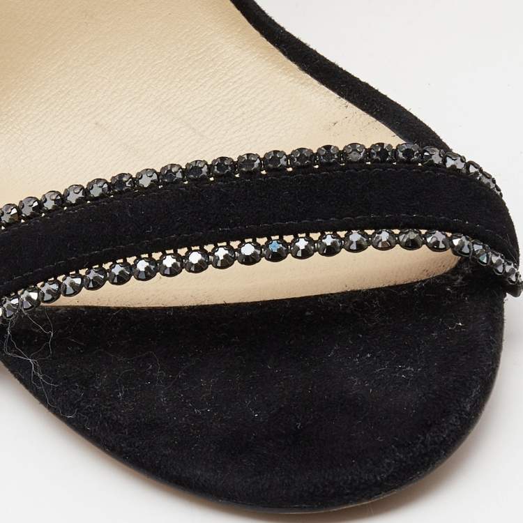 Pre Owned Jimmy Choo Black Suede Crystal Embellished Ankle Strap Sandals Size 39