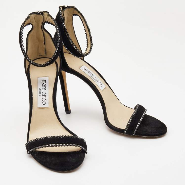 Pre Owned Jimmy Choo Black Suede Crystal Embellished Ankle Strap Sandals Size 39