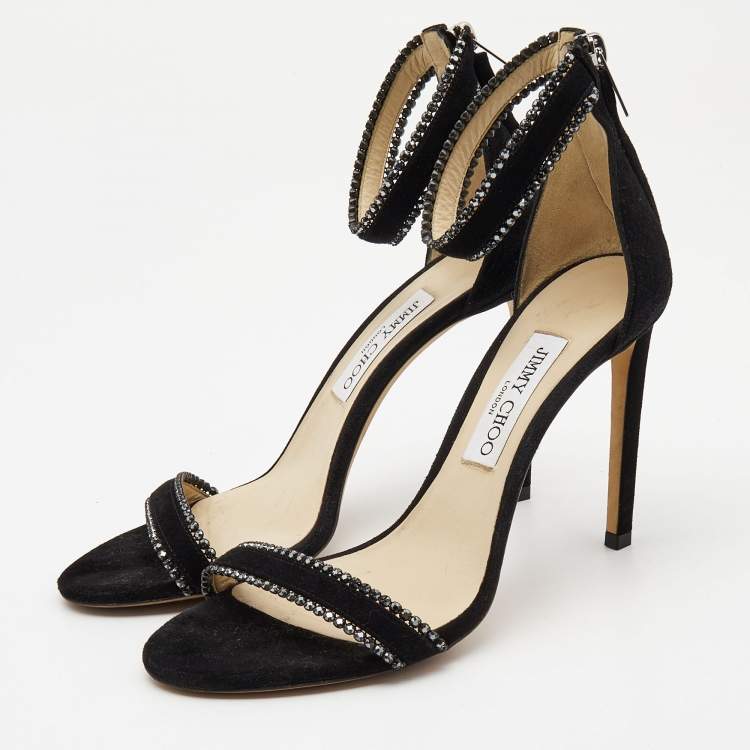 Pre Owned Jimmy Choo Black Suede Crystal Embellished Ankle Strap Sandals Size 39