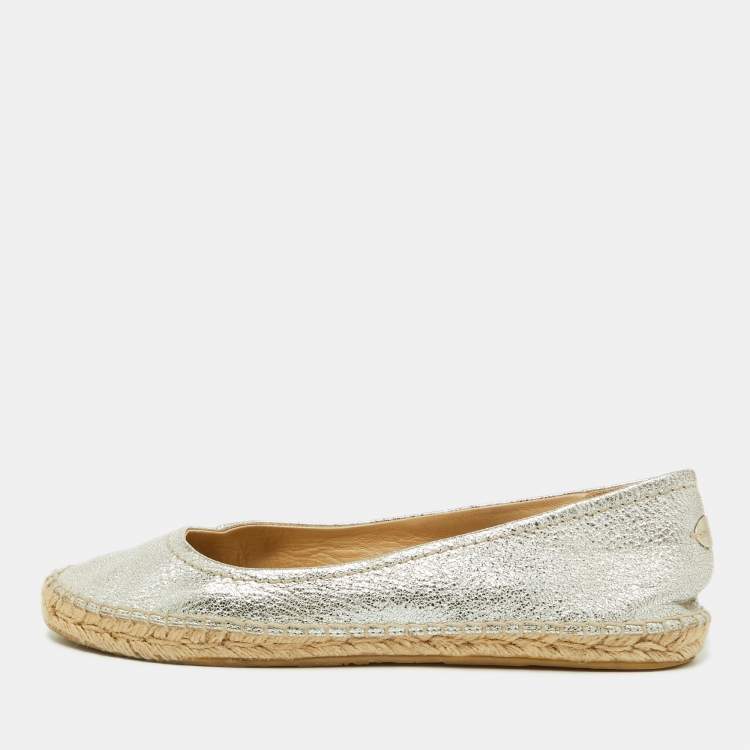 Pre Owned Jimmy Choo Metallic Silver Leather Pow Espadrille Flats Size 41