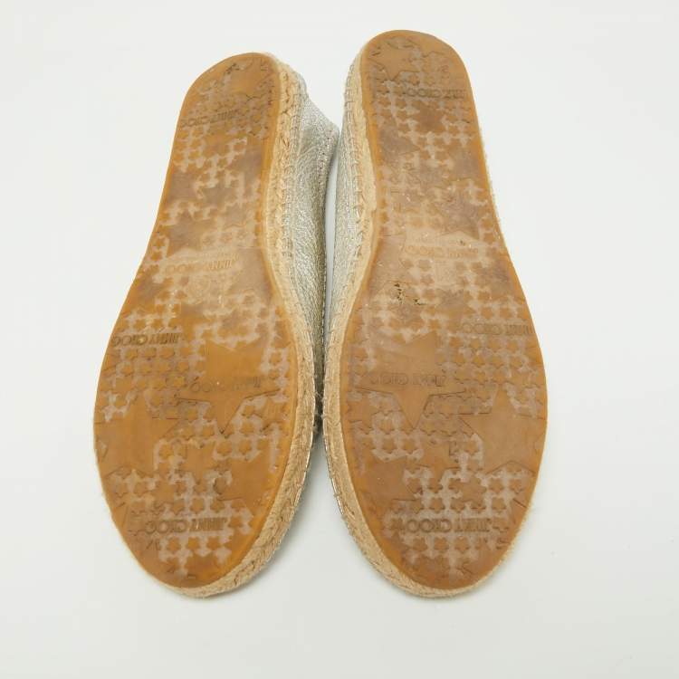 Pre Owned Jimmy Choo Metallic Silver Leather Pow Espadrille Flats Size 41