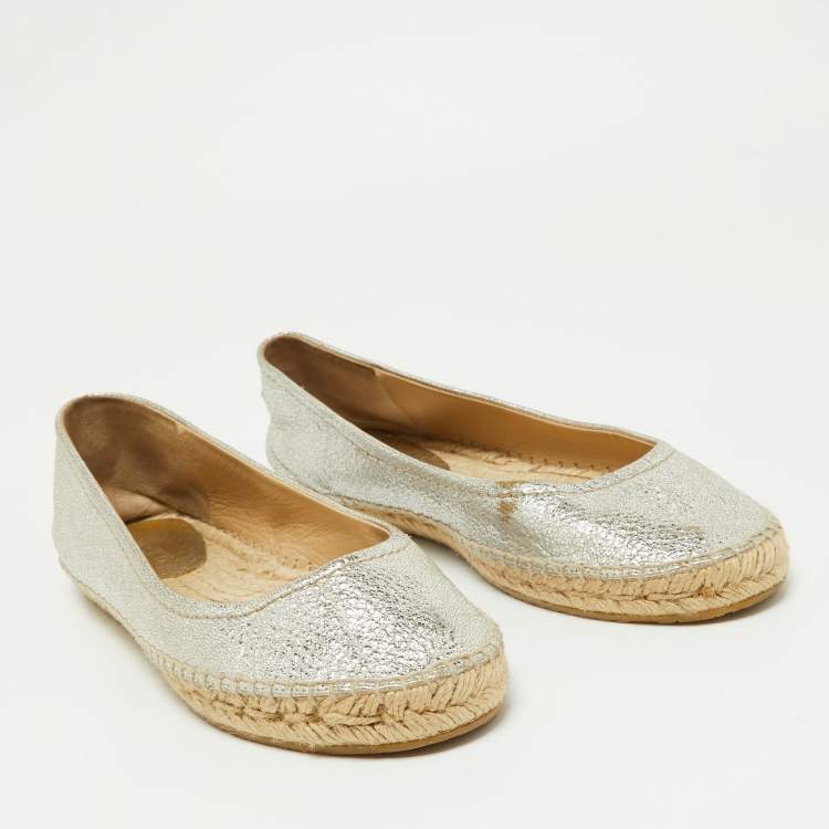 Pre Owned Jimmy Choo Metallic Silver Leather Pow Espadrille Flats Size 41