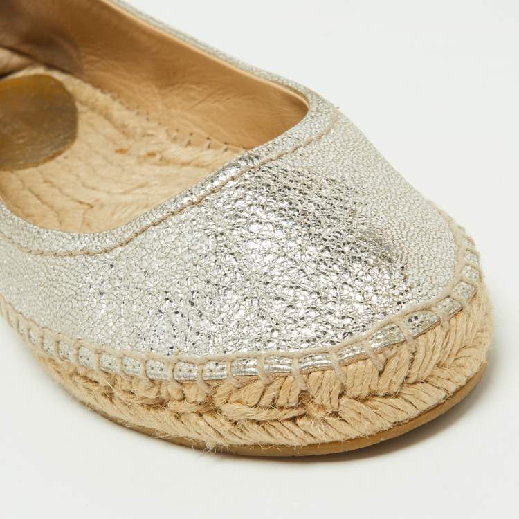 Pre Owned Jimmy Choo Metallic Silver Leather Pow Espadrille Flats Size 41
