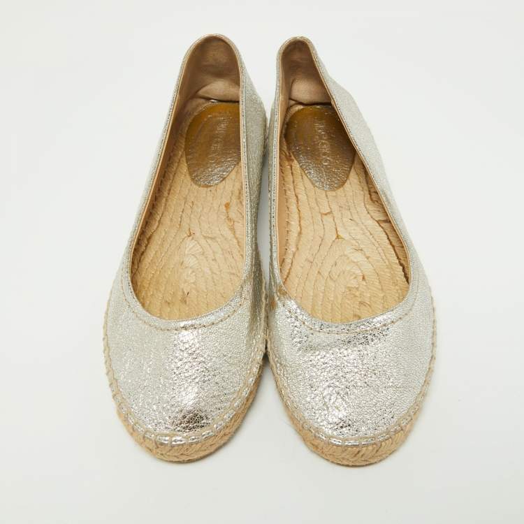 Pre Owned Jimmy Choo Metallic Silver Leather Pow Espadrille Flats Size 41