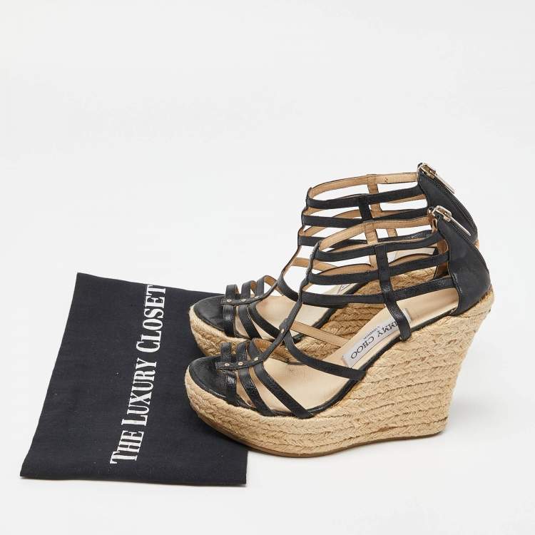 Pre Owned Jimmy Choo Black Leather Strappy Espadrille Wedge Sandals Size 37