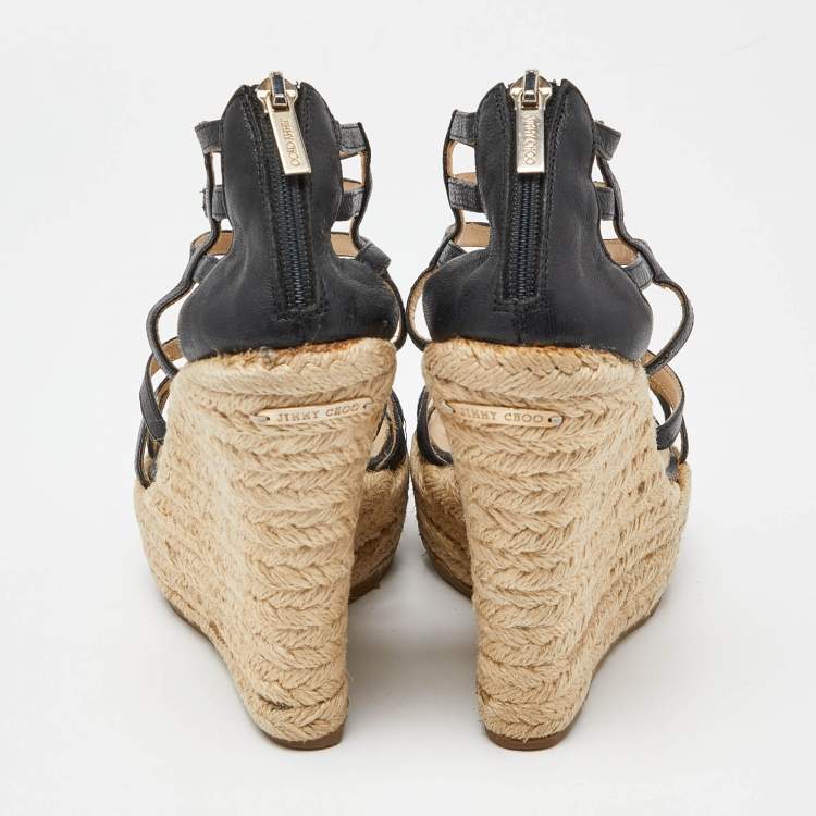 Pre Owned Jimmy Choo Black Leather Strappy Espadrille Wedge Sandals Size 37