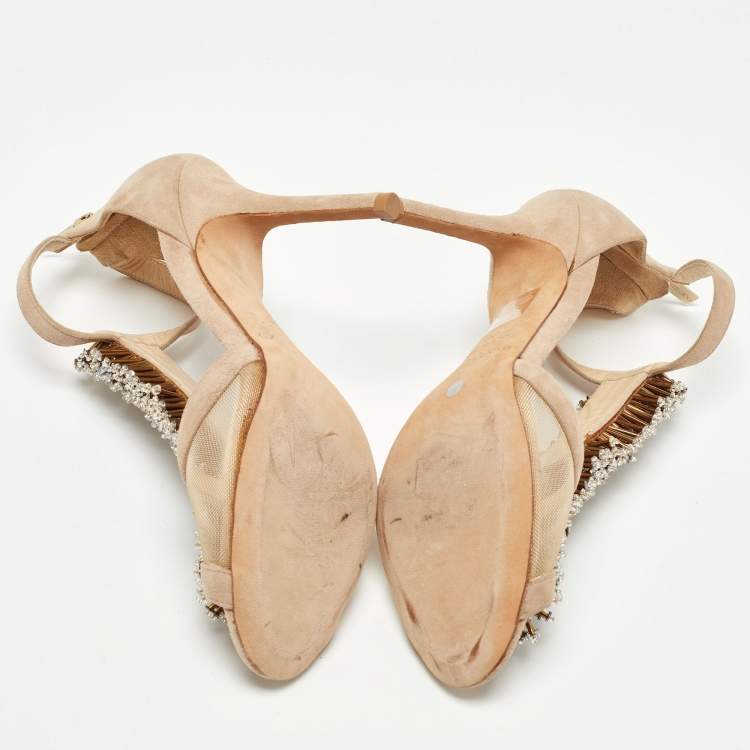 Pre Owned Jimmy Choo Beige Suede Feline Beaded Sandals Size 36