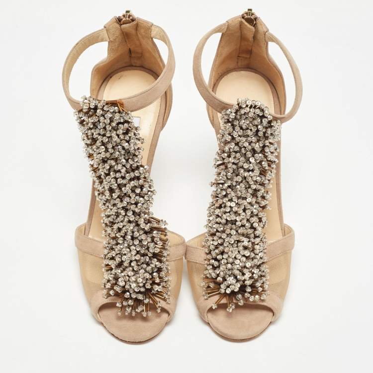 Pre Owned Jimmy Choo Beige Suede Feline Beaded Sandals Size 36
