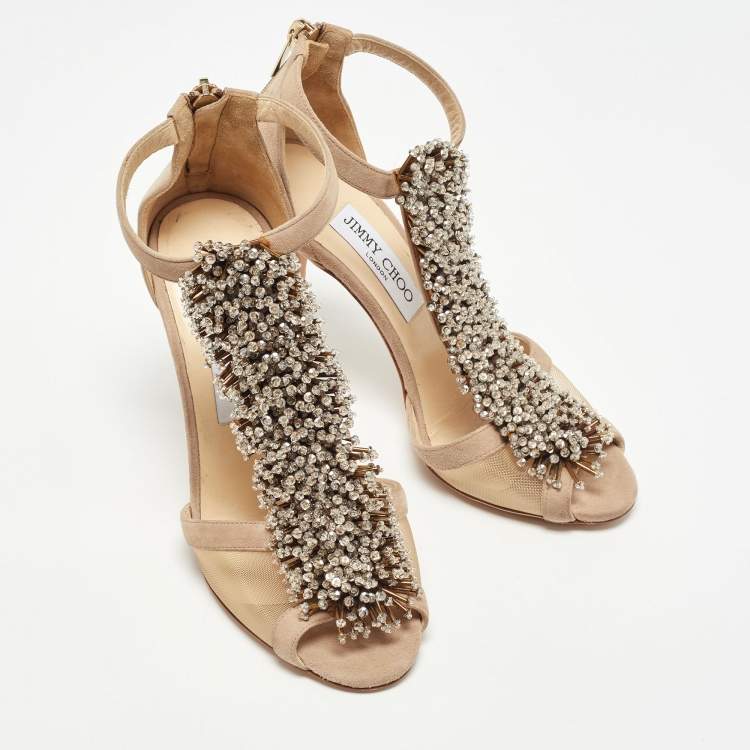 Pre Owned Jimmy Choo Beige Suede Feline Beaded Sandals Size 36