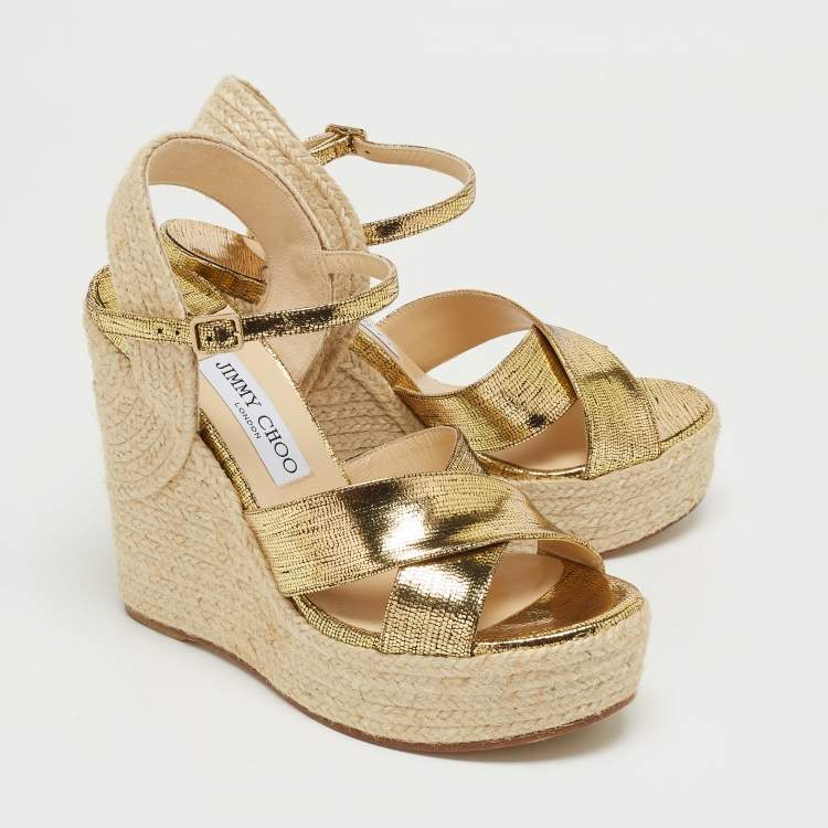 Pre Owned Jimmy Choo Gold Foil Leather Espadrille Wedge Platform Ankle Strap Sandals Size 37