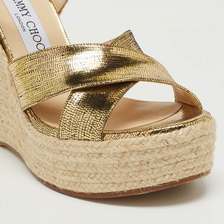 Pre Owned Jimmy Choo Gold Foil Leather Espadrille Wedge Platform Ankle Strap Sandals Size 37