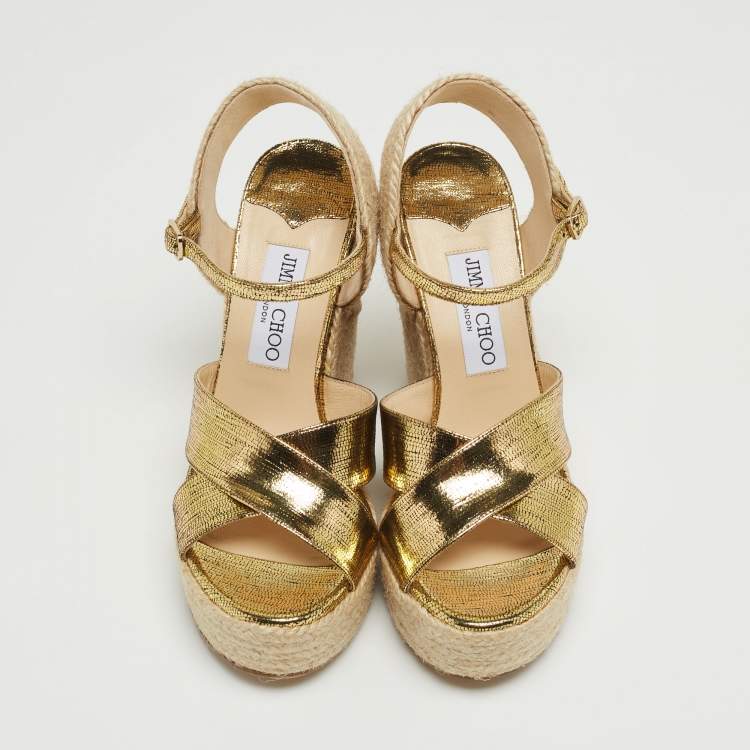 Pre Owned Jimmy Choo Gold Foil Leather Espadrille Wedge Platform Ankle Strap Sandals Size 37