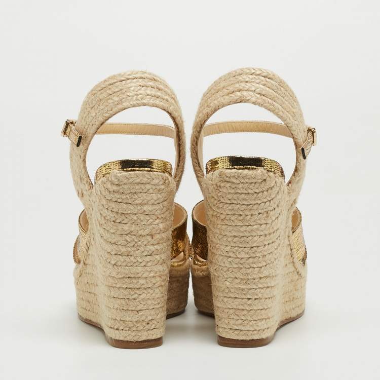 Pre Owned Jimmy Choo Gold Foil Leather Espadrille Wedge Platform Ankle Strap Sandals Size 37