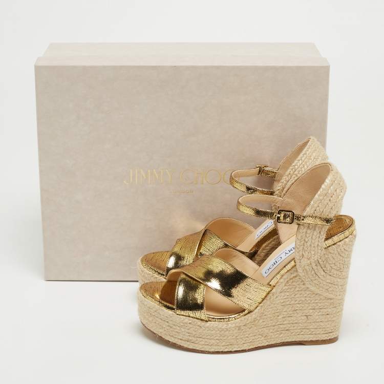 Pre Owned Jimmy Choo Gold Foil Leather Espadrille Wedge Platform Ankle Strap Sandals Size 37