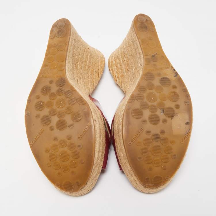 Pre Owned Jimmy Choo Burgundy Patent Phyllis Wedge  Sandals Size 39