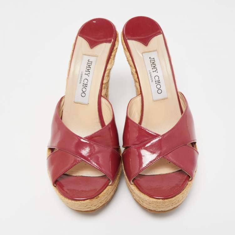 Pre Owned Jimmy Choo Burgundy Patent Phyllis Wedge  Sandals Size 39
