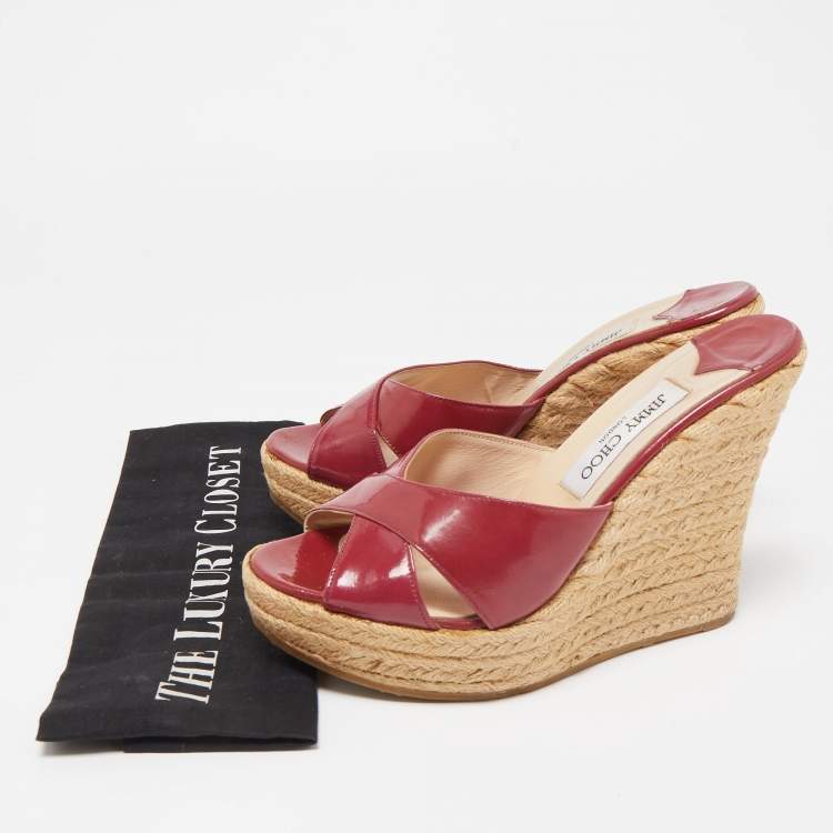 Pre Owned Jimmy Choo Burgundy Patent Phyllis Wedge  Sandals Size 39
