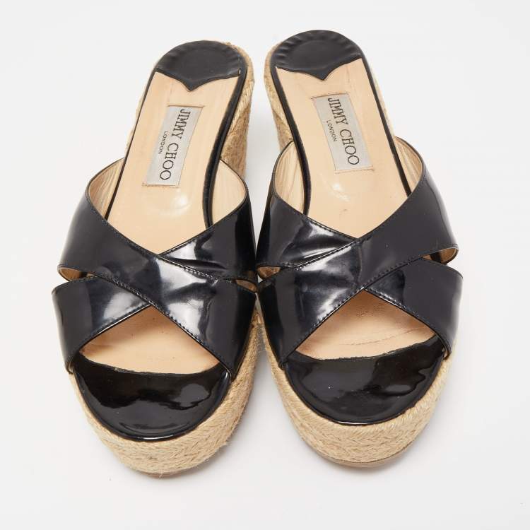 Pre Owned Jimmy Choo Black Patent Leather Phyllis Wedge Espadrille Platform Sandals Size 39 