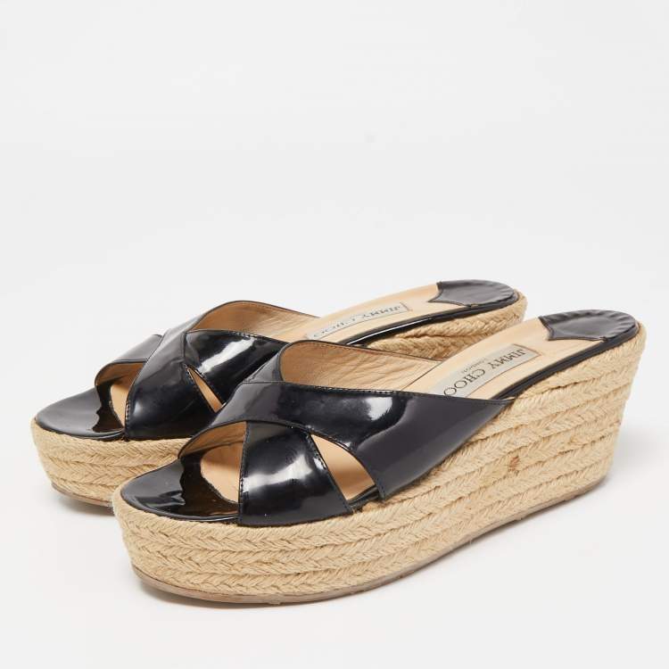Pre Owned Jimmy Choo Black Patent Leather Phyllis Wedge Espadrille Platform Sandals Size 39 