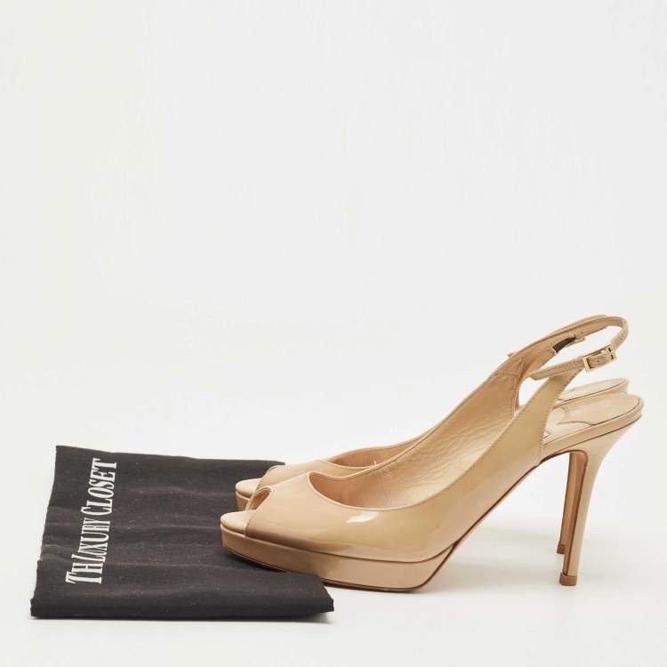 Pre Owned Jimmy Choo Beige Patent Nova Peep Toe Slingback Pumps Size 37.5