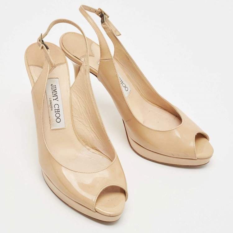 Pre Owned Jimmy Choo Beige Patent Nova Peep Toe Slingback Pumps Size 37.5