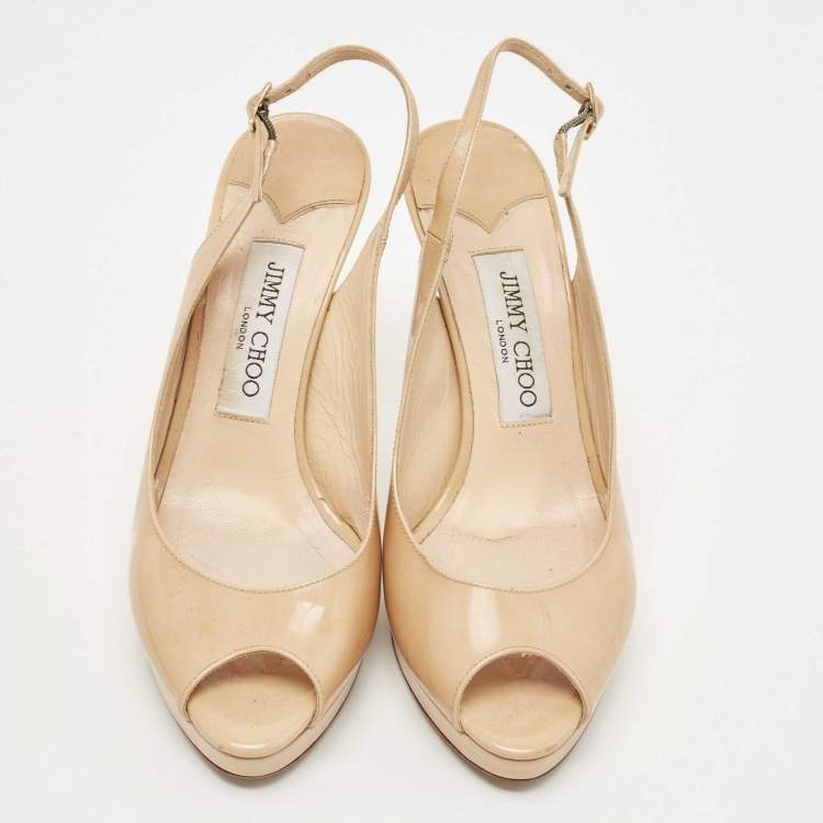 Pre Owned Jimmy Choo Beige Patent Nova Peep Toe Slingback Pumps Size 37.5