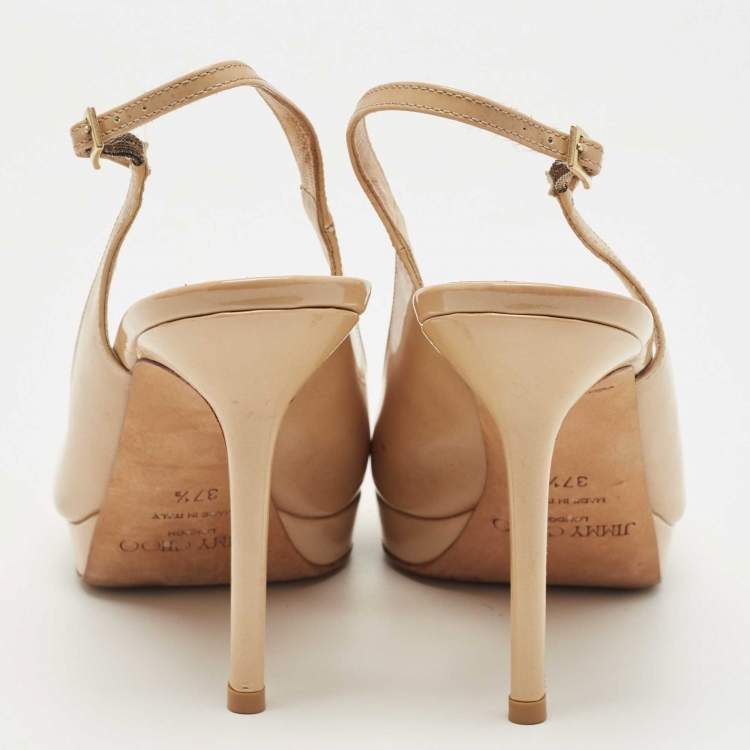 Pre Owned Jimmy Choo Beige Patent Nova Peep Toe Slingback Pumps Size 37.5