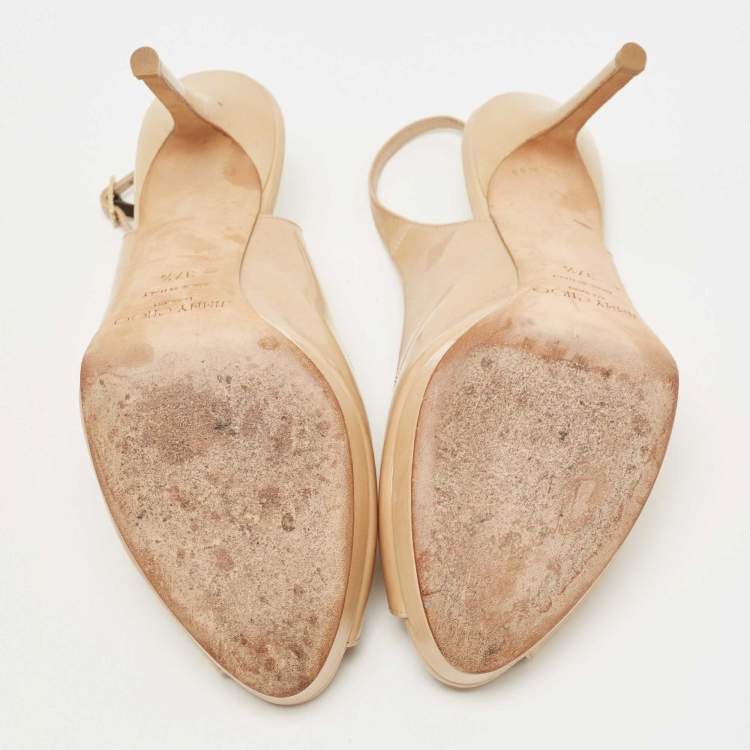 Pre Owned Jimmy Choo Beige Patent Nova Peep Toe Slingback Pumps Size 37.5