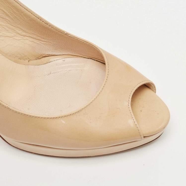 Pre Owned Jimmy Choo Beige Patent Nova Peep Toe Slingback Pumps Size 37.5