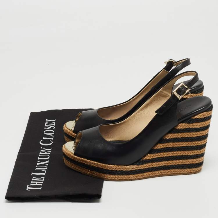 Pre Owned Jimmy Choo Black/Beige Leather and Raffia Stripe Wedge Sandals Size 39