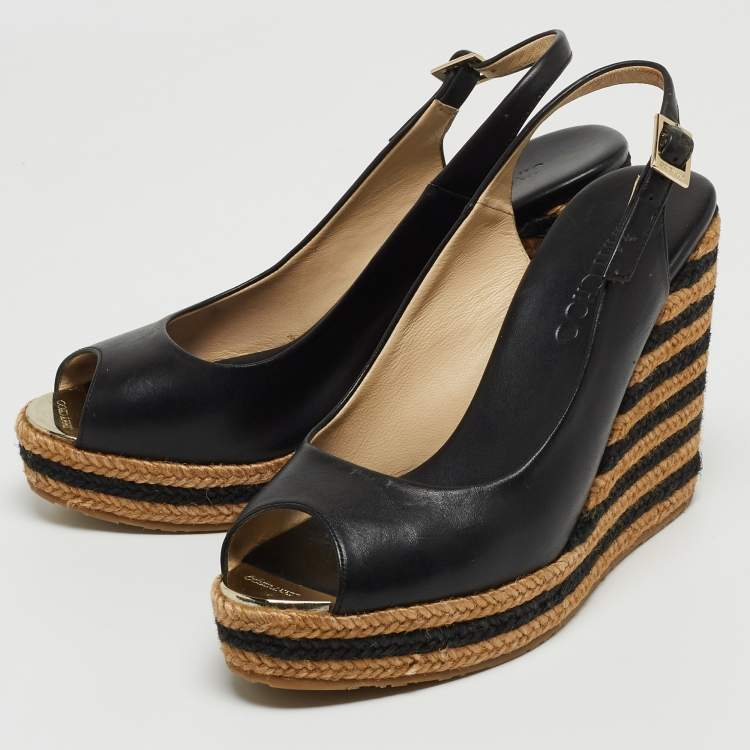 Pre Owned Jimmy Choo Black/Beige Leather and Raffia Stripe Wedge Sandals Size 39