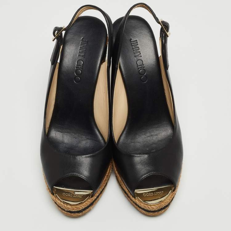 Pre Owned Jimmy Choo Black/Beige Leather and Raffia Stripe Wedge Sandals Size 39