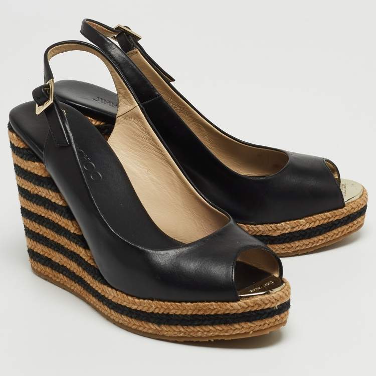 Pre Owned Jimmy Choo Black/Beige Leather and Raffia Stripe Wedge Sandals Size 39