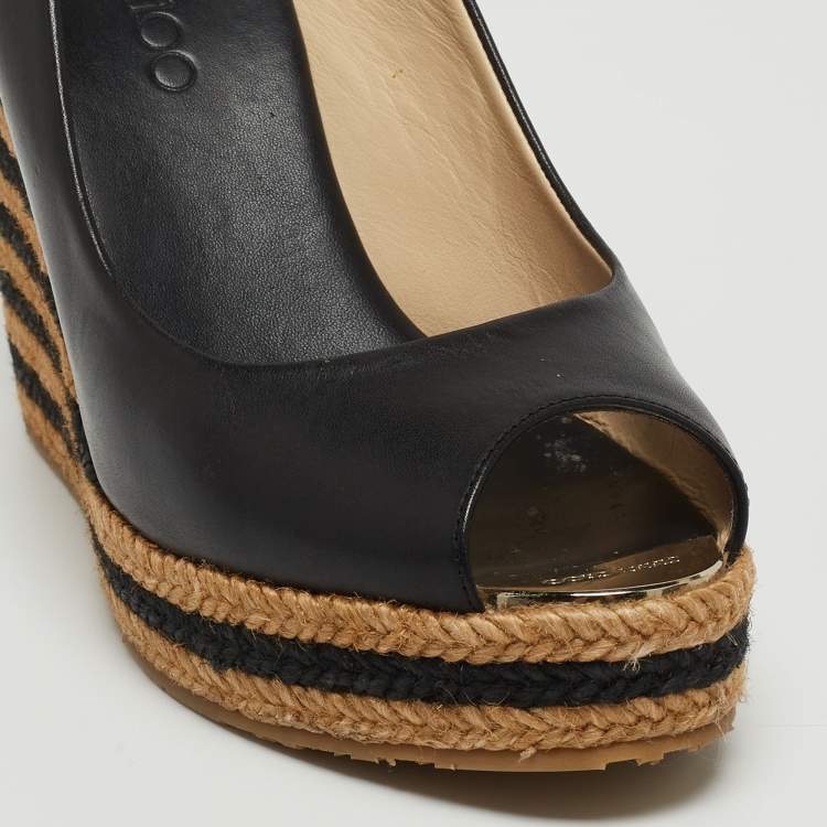Pre Owned Jimmy Choo Black/Beige Leather and Raffia Stripe Wedge Sandals Size 39