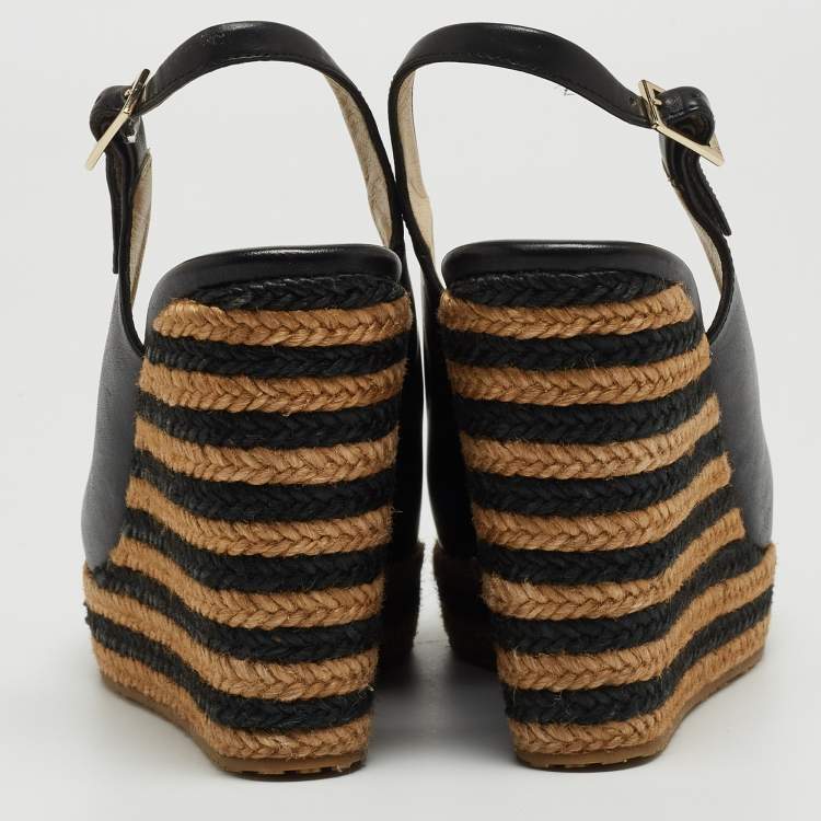 Pre Owned Jimmy Choo Black/Beige Leather and Raffia Stripe Wedge Sandals Size 39