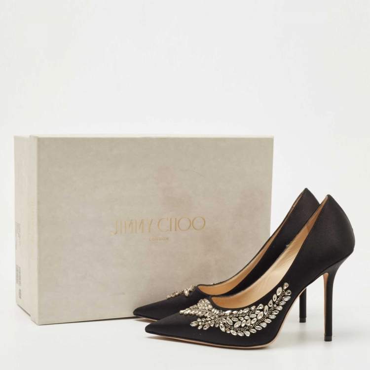 Pre Owned Jimmy Choo Black Satin Love Crystal Embellished Pointed Toe Pumps Size 37.5