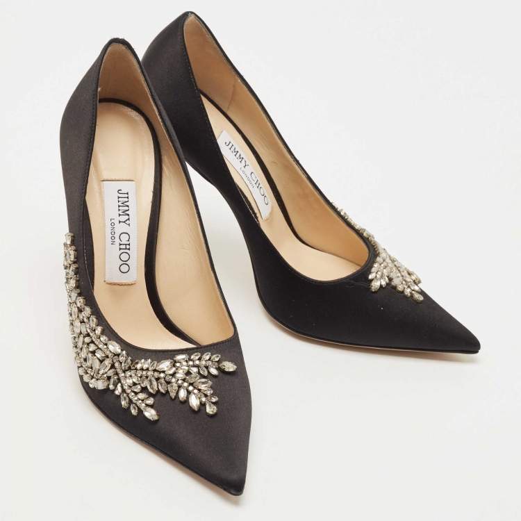 Pre Owned Jimmy Choo Black Satin Love Crystal Embellished Pointed Toe Pumps Size 37.5