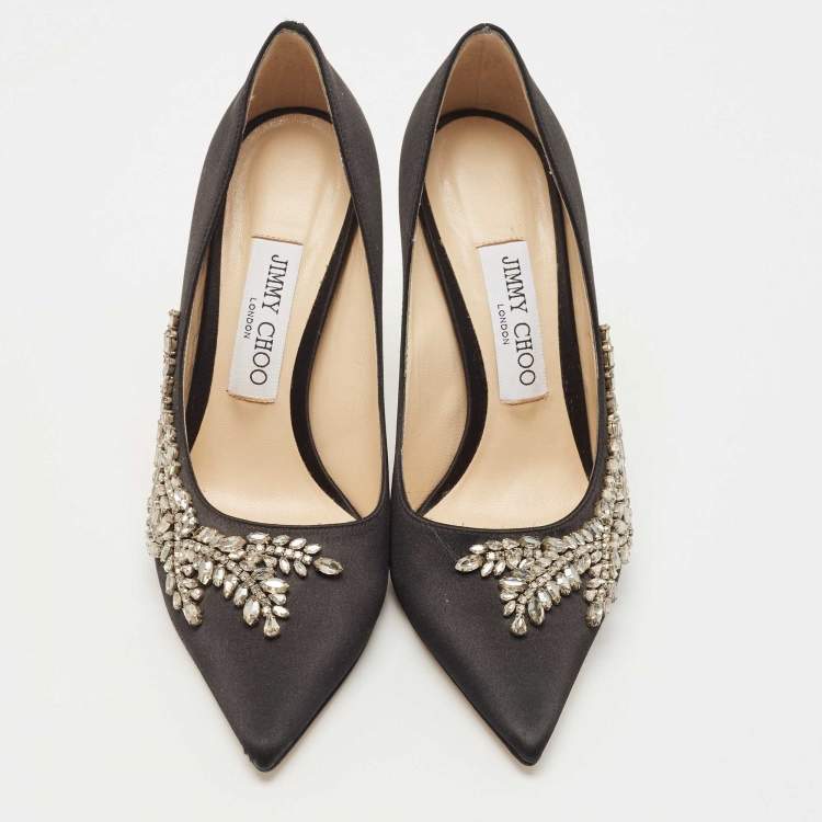Pre Owned Jimmy Choo Black Satin Love Crystal Embellished Pointed Toe Pumps Size 37.5