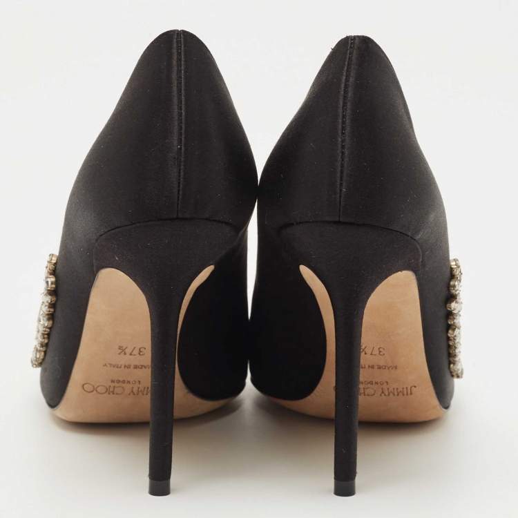 Pre Owned Jimmy Choo Black Satin Love Crystal Embellished Pointed Toe Pumps Size 37.5