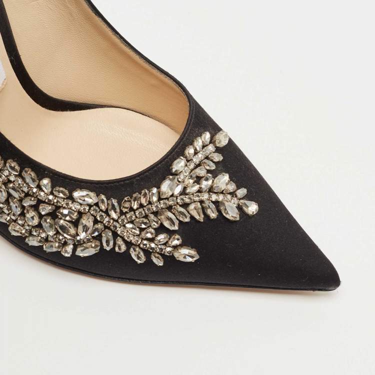 Pre Owned Jimmy Choo Black Satin Love Crystal Embellished Pointed Toe Pumps Size 37.5